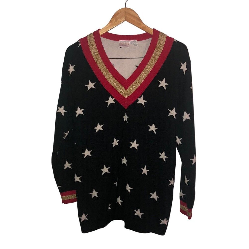 Vintage FIRST ISSUE Sz XS Women's Black Red Gold White Stars V-Neckline Sweater